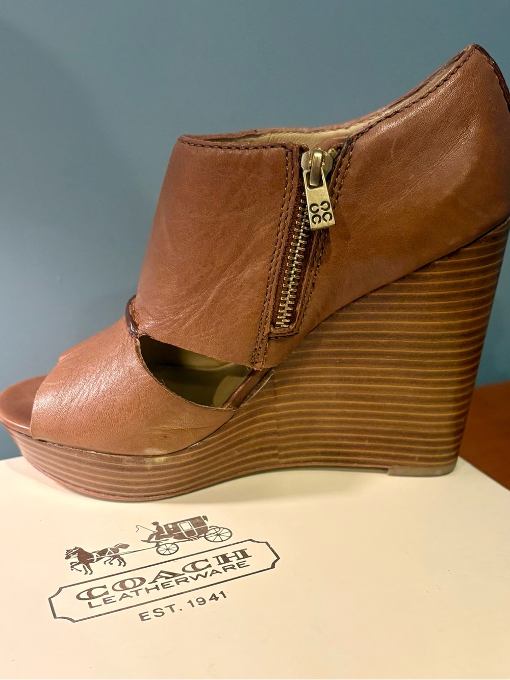Coach Brown Leather Peep-Toe Wedge Bootie with Side Zip